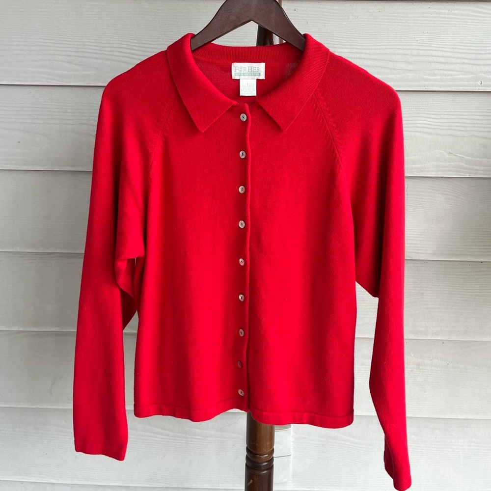 Van Heusen Women’s red cardigan polo style collar.
